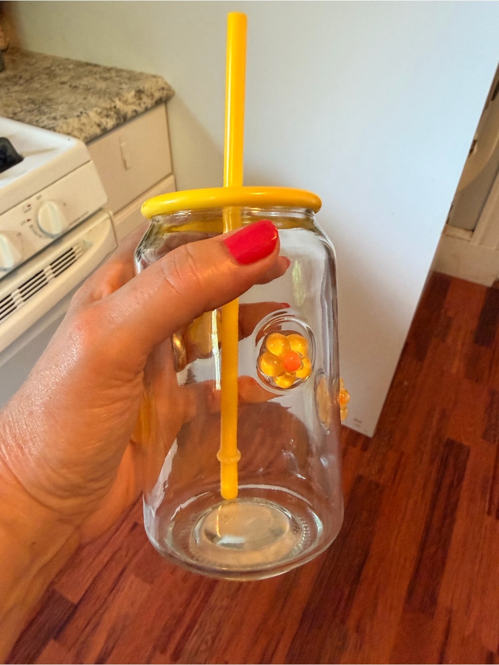 Yellow-Lid Glass Drinking Jar with Straw